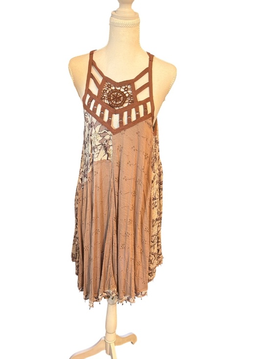 Free People Dresses & Skirts - Free People Boho Patchwork Swing Dress Crochet Strap Tunic M
